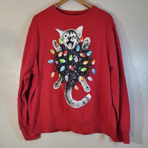 MAD Engine Sweaters Mad Engine Red Cat Tangled Lights Ugly